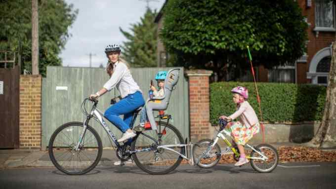 Melinda Marchal travels with her children from school by bike which has become more popular during the pandemic