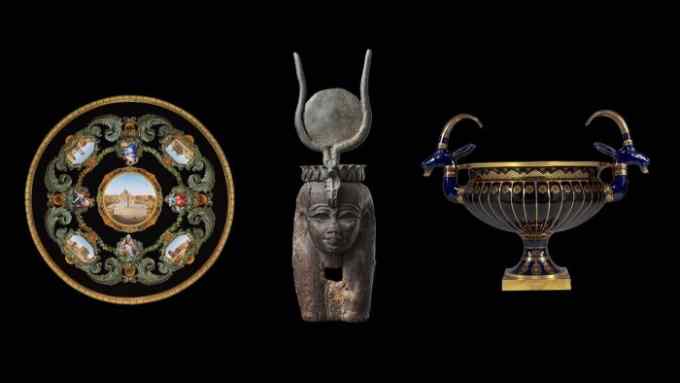 Montage of three items against a black background: an elaborate tabletop inlaid with scenes of houses; an Egyptian sculpture of a pharaoh; a blue basin with gold details Ronald Phillips/Charles Ede/Michele Beiny/Treasure House Fair