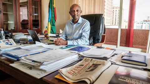 Daniel Bekele, head of the Ethiopian Human Rights Commission, is pictured at his office in Addis Ababa, Ethiopia, on February 23, 2021.