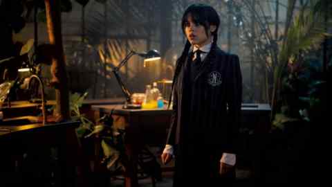 Actress Jenna Ortega in a mostly black school outfit in ‘Wednesday’