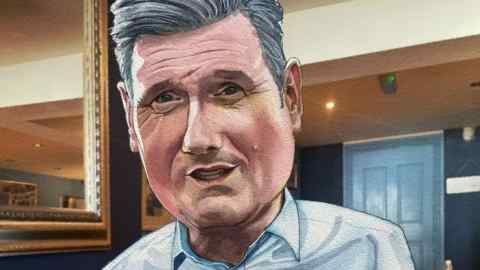 A watercolour illustration of Keir Starmer wearing a pale blue open-necked shirt