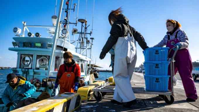 Fisherman working at the Matsukawaura Fishing Port in Soma city of Japan’s Fukushima Prefecture. January 2023