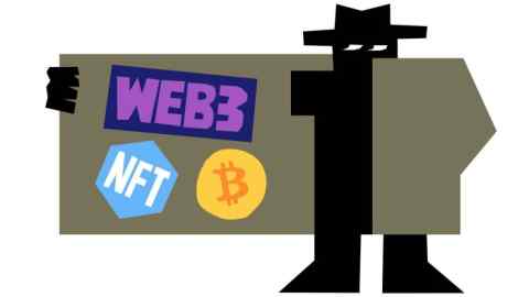 Illustration of a person dressed in black with a black hat on holding open the right side of his coat and inside are the logos of Web3, NFT and bitcoin
