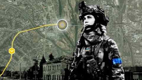A Ukrainian soldier overlaid on a map of the route to Kupyansk taken by troops from the 92nd Mechanised Brigade