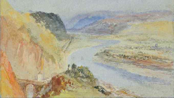 In a painting, a rural scene rendered in watercolours captures a river and a village as seen from above in warm tones of brown, green, yellow and blue.