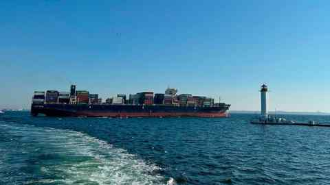 Container ship Joseph Schulte (Hong Kong flag) leaves the port of Odesa to proceed through the temporary corridor established for merchant vessels from Ukraine’s Black Sea ports in Odesa, Ukraine, this week
