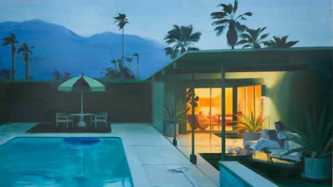 oil painting of a woman reading outdoors by a pool in the evening; a figure can be seen in the lit interior of the house nearby