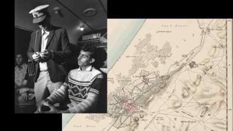 A conductor checks a Palestinian man’s ticket on the first train from Gaza City to Tel Aviv on November 1 1972; a historical map of Gaza