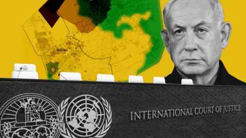 Montage of ICJ court bench, Rafah map and Benjamin Netanyahu