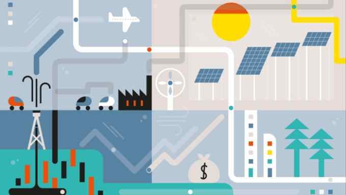 illustration of power-generating plants, industrial pipes, solar panels, pine trees, cars, charts, the sun and a bag of money
