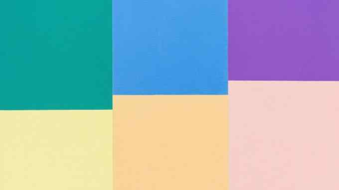 A landscape oil painting with six rectangles of different heights in pale blue, purple, peach, orange, yellow and green