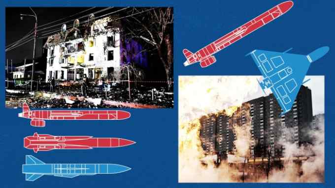 A montage of missiles, a bomber and damaged buildings
