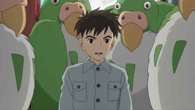 Anime image of a boy surrounded by parakeets the size of large men