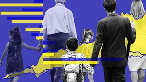 Montage of parents and children against a blue and yellow backdrop of charts
