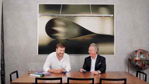 Barth Johnson (left) and Lionel Aeschlimann with Paper Drop (Dark), 2006, by Wolfgang Tillmans, and Chaos + Repair = Universe, 2014, by Kader Attia