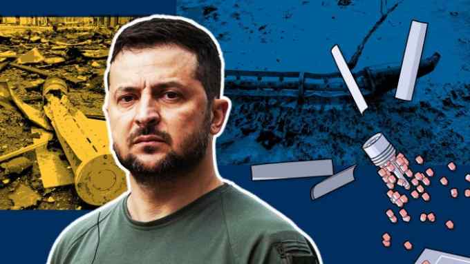 Montage showing Ukrainian president Volodymyr Zelenskyy against a background of weapons