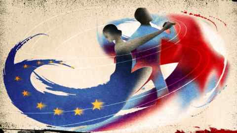 Illustration of two figures doing the tango, with the UK flag on one and the EU stars on the other