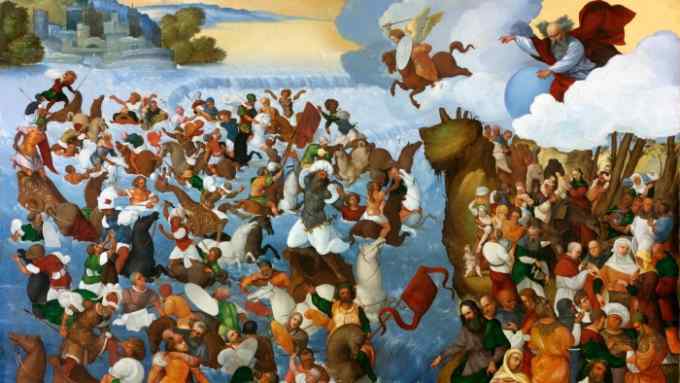 A painted scene depicts a crowd of people, including women, children and armed men fighting against each other on horseback, as they attempt to cross the sea