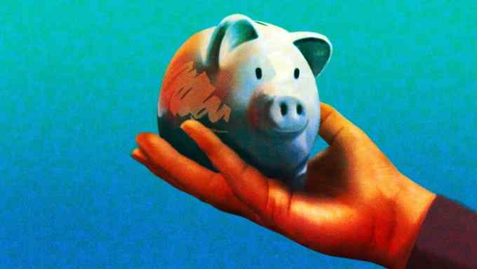 Illustration of a hand holding a piggy bank against a blue background.