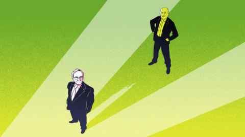 An illustration of Warren Buffett casting a shadow, from which Greg Abel is seen emerging
