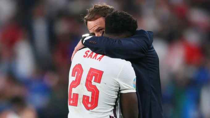 Gareth Southgate, England’s head coach, consoles Bukayo Saka
