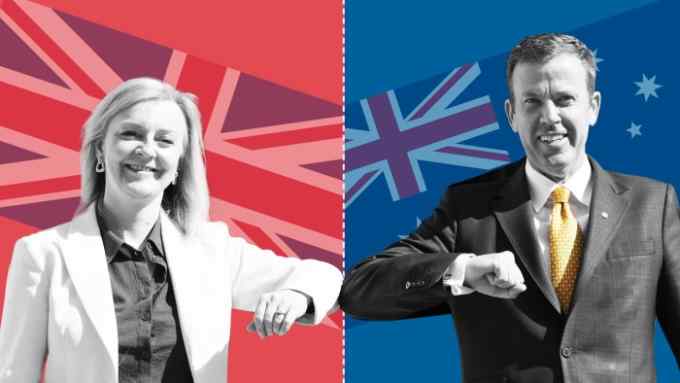 A montage of former UK prime minister Liz Truss and then-Australian trade minister Dan Tehan with their countries’ flags on the background