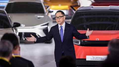 Akio Toyoda at a conference in Toyota’s showroom in Tokyo, Japan in 2021