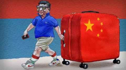 Illustration of President Xi Jinping dressed in a polo shirt and shorts, pulling a suitcase with the Chinese flag on it