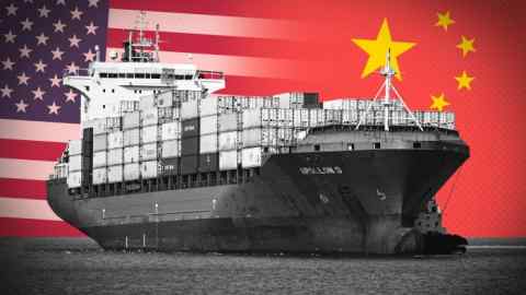 A cargo ship has American and China flags blended together to form the background sky