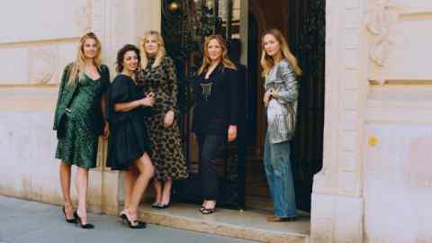 Photographer and filmmaker Sonia Sieff, pharmacist and Julie de Libran collector Zina Thaifa, writer Amanda Sthers, atelier CEO Fanélie Phillips, and Julie de Libran in the 7th arrondissement of Paris. All shoes throughout by Manolo Blahnik