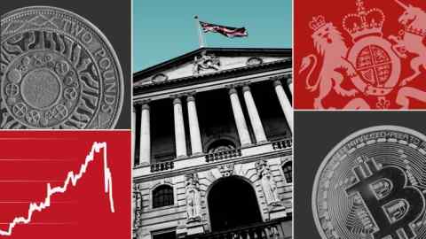 Montage of images: the Bank of England, the pound, bitcoin, the government seal