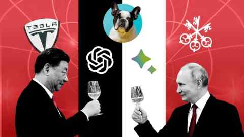A montage of Xi Jinping and Vladimir Putin holding drinks and the logos of OpenAI, Bard, Tesla and UBS