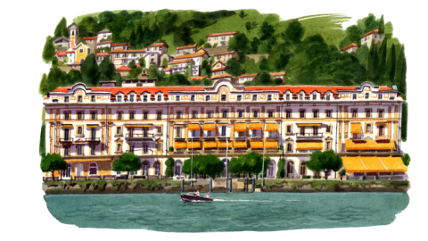 An  illustration of Villa d’Este hotel on the shoreline of Lake Como