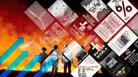 Montage of all the book covers against a background of a wildfire with silhouetted firemen