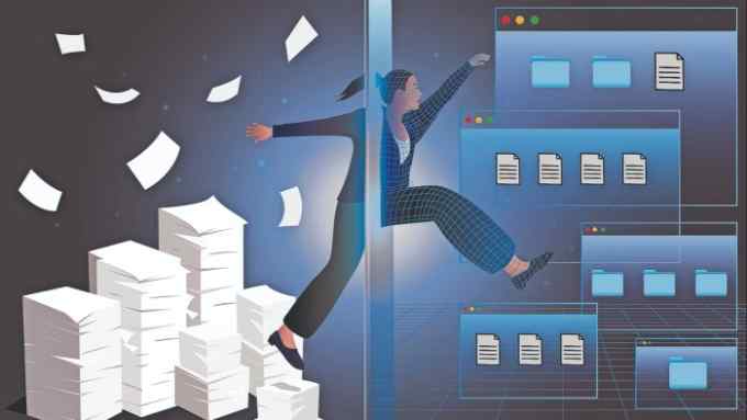 A female lawyer leaping from a pile of papers to an area of computer tabs
