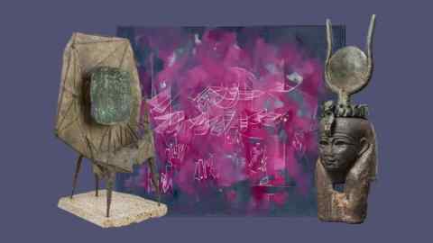 Three artworks against a purple background: a sculpture that looks like a metal cow was run over by a steamroller; a purple-pink abstract painting; an Egyptian sculpture of a pharaoh with a crown