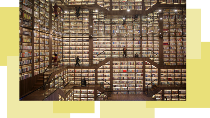People scan the shelves of a library in Shaoyang, in China’s central Hunan province