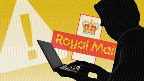 A montage of someone wearing a hood using a laptop computer, the logo of Royal Mail and an exclamation point