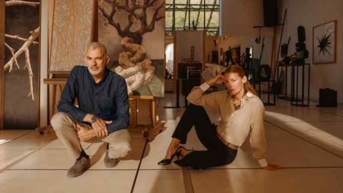 Arik Levy and Zoé Ouvrier in front of (from left) Le Pin, 2009, and Skin tree, 2021, both by Ouvrier