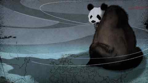 Illustration of a Russian bear with the head of a snarling panda sitting on the map of Asia