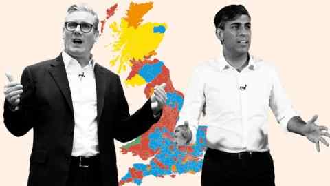 A montage of Keir Starmer, Rishi Sunak and a British map in the background