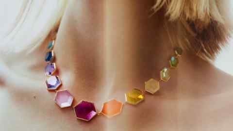 Noor Fares gold, amber, amethyst, aquamarine, carnelian, citrine, tourmaline, moonstone, pink hex, quartz and tanzanite Rainbow necklace, £9,500