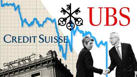 Montage showing the logos of Credit Suisse and UBS, Swiss finance minister Karin Keller-Sutter, left, and Credit Suisse chair Axel Lehmann