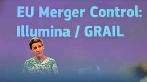 EU competition chief Margrethe Vestager speaks to the media in September 2022 after the European Commission blocked Illumina’s acquisition of Grail