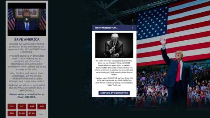 Donald Trump’s website with updated requests for more money following his latest indictment