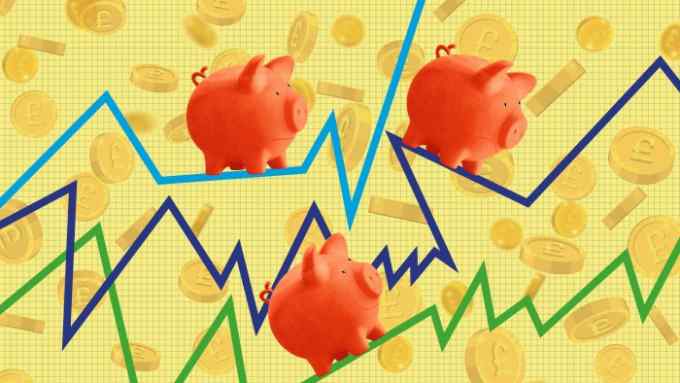 Illustration of piggy banks against a background of market charts and coins