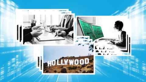 A montage of the Hollywood sign, professionals checking documents and a person writing computer code