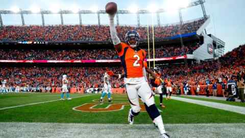 Pat Surtain II #2 of the Denver Broncos celebrates after getting an interception