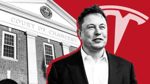Montage of Elon Musk, a Tesla logo and exterior of Delaware’s Court of Chancery building