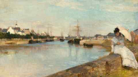 An Impressionist painting dated 1869 shows a woman in a white dress with a parasol perched on a harbour wall with ships visible in the background